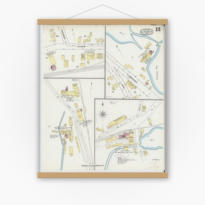 Old map wall art mockup — magnetic wood frame on white wall — Sanborn Fire Insurance Map from Gardner, Worcester County, Massachusetts (1895), Sheet #0013