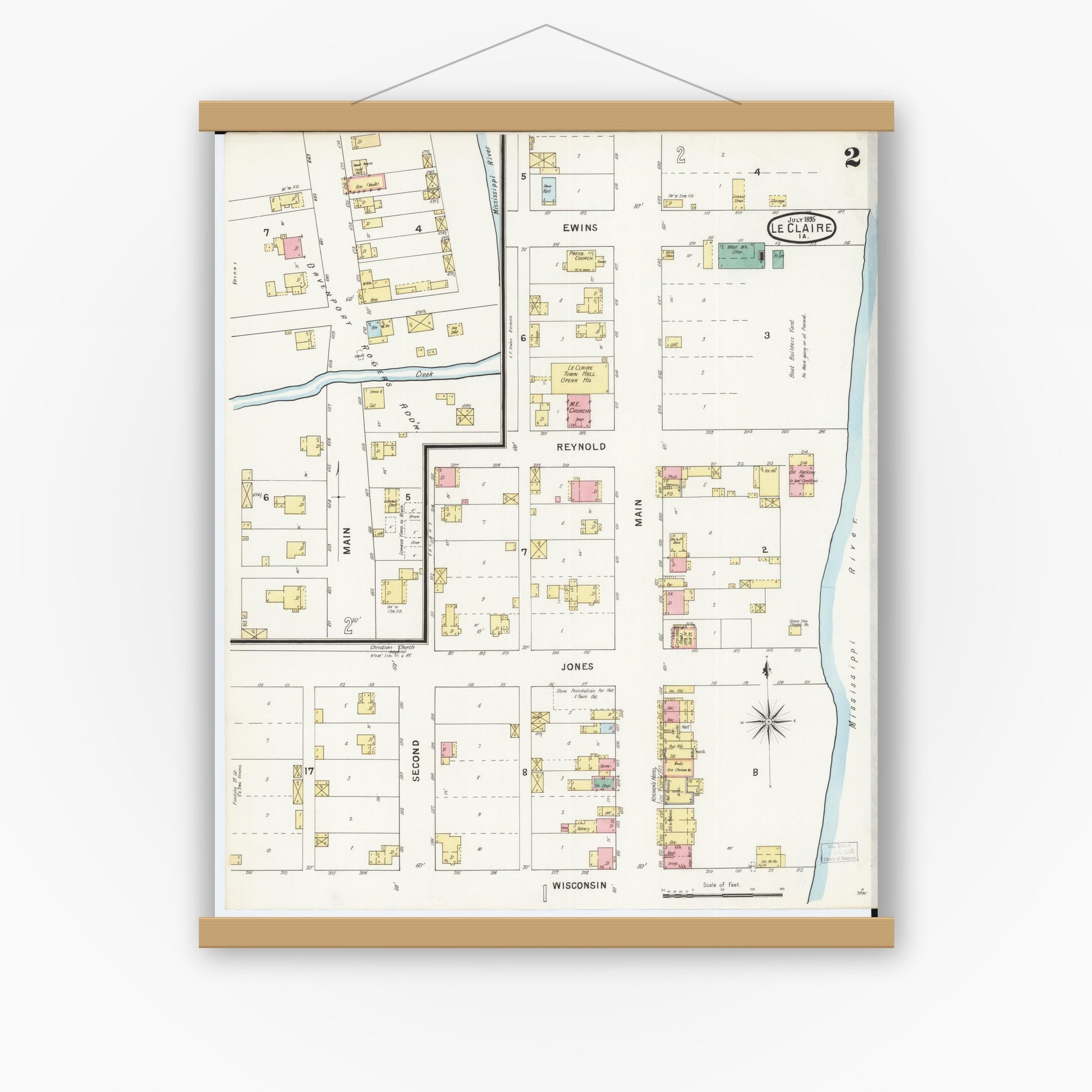 Old map wall art mockup — magnetic wood frame on white wall — Sanborn Fire Insurance Map from Le Claire, Scott County, Iowa (1895), Sheet #0002