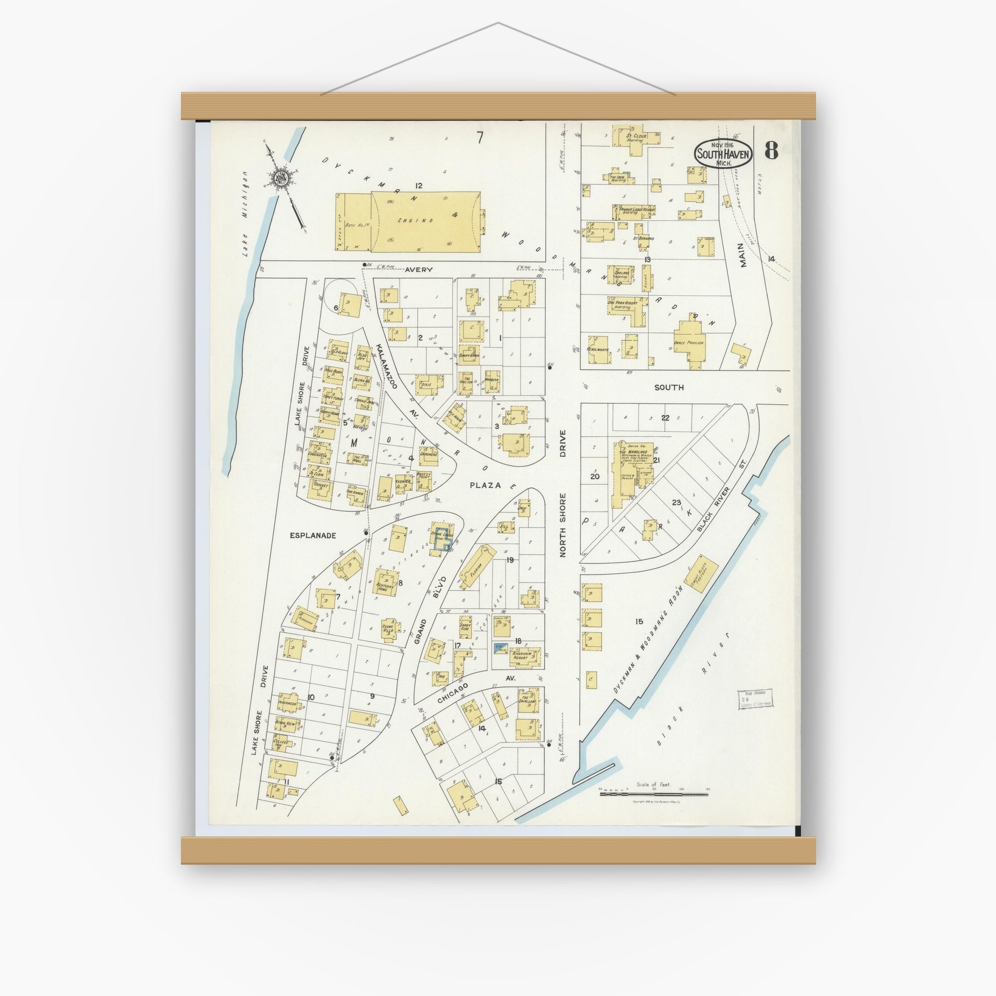 Old map wall art mockup — magnetic wood frame on white wall — Sanborn Fire Insurance Map from South Haven, Van Buren County, Michigan (1916), Sheet #0008