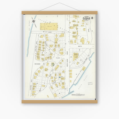 Old map wall art mockup — magnetic wood frame on white wall — Sanborn Fire Insurance Map from South Haven, Van Buren County, Michigan (1916), Sheet #0008