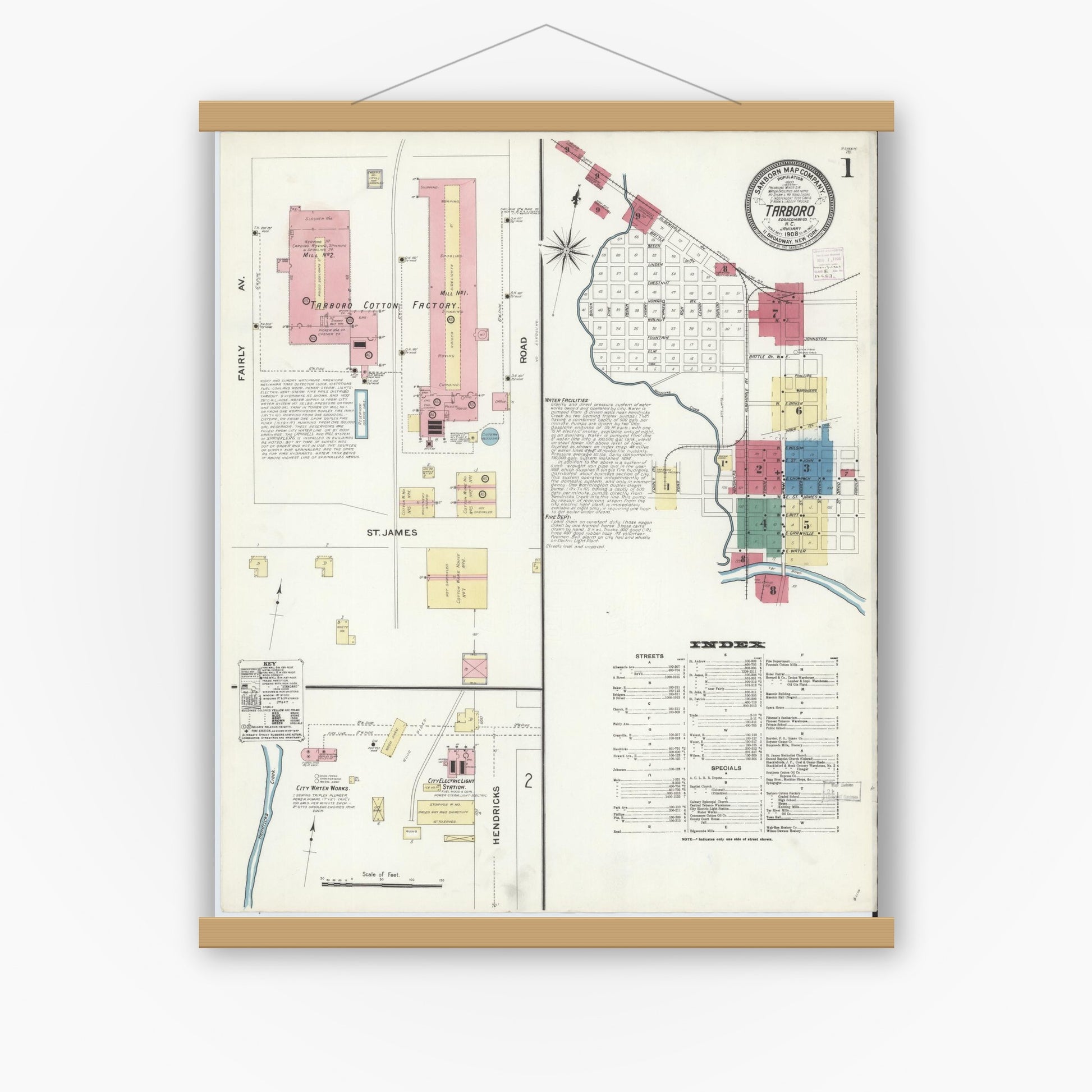 Old map wall art mockup — magnetic wood frame on white wall — Sanborn Fire Insurance Map from Tarboro, Edgecombe County, North Carolina (1908), Sheet #0001
