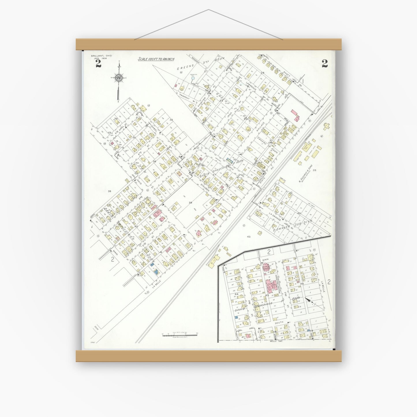 Old map wall art mockup — magnetic wood frame on white wall — Sanborn Fire Insurance Map from Brilliant, Jefferson County, Ohio (1938), Sheet #0002