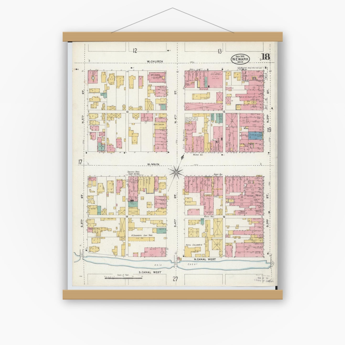 Old map wall art mockup — magnetic wood frame on white wall — Sanborn Fire Insurance Map from Newark, Licking County, Ohio (1905), Sheet #0018