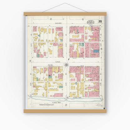 Old map wall art mockup — magnetic wood frame on white wall — Sanborn Fire Insurance Map from Newark, Licking County, Ohio (1905), Sheet #0018