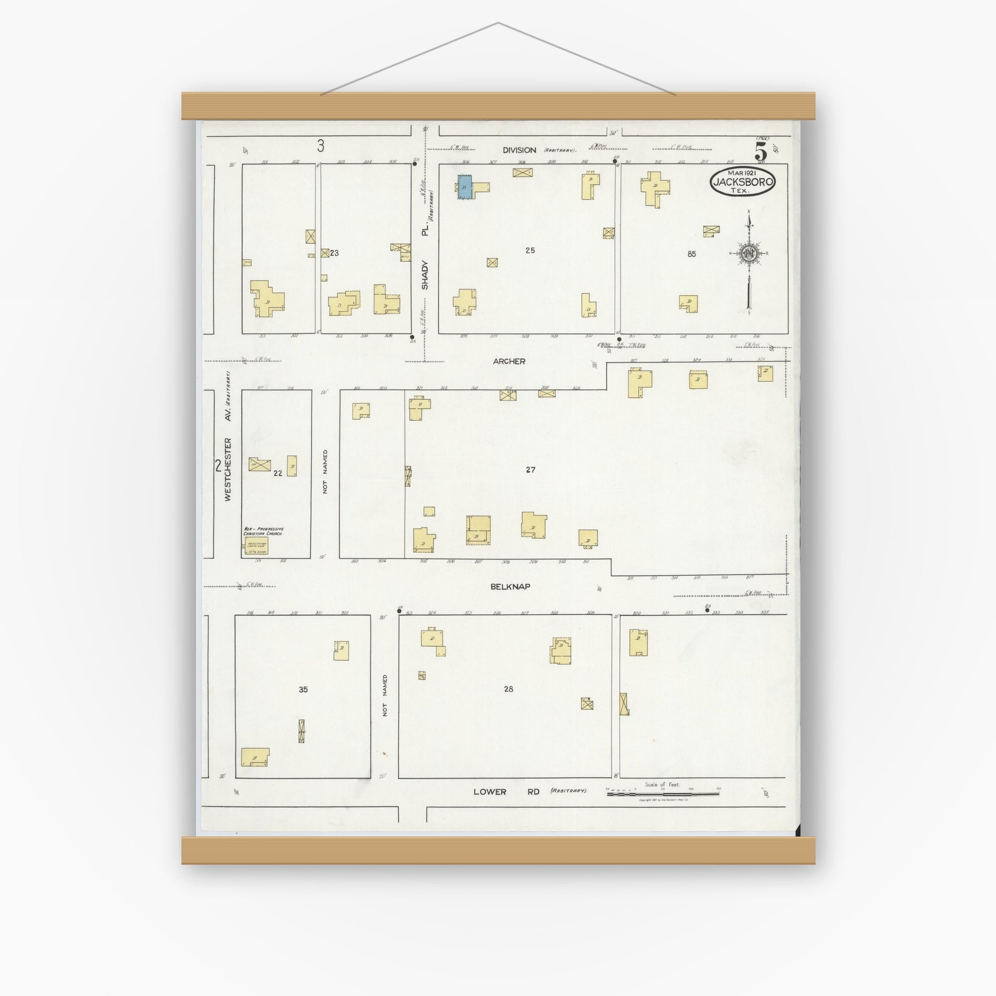 Old map wall art mockup — magnetic wood frame on white wall — Sanborn Fire Insurance Map from Jacksboro, Jack County, Texas (1921), Sheet #0005