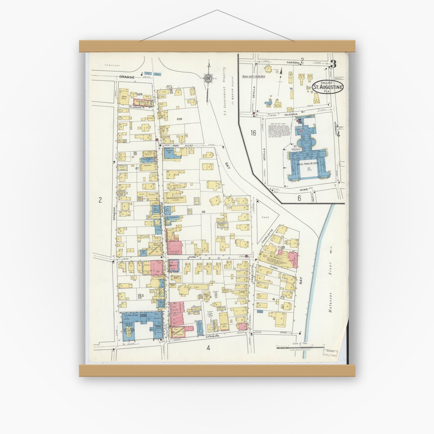 Old map wall art mockup — magnetic wood frame on white wall — Sanborn Fire Insurance Map from Saint Augustine, Saint John's County, Florida (1917), Sheet #0003