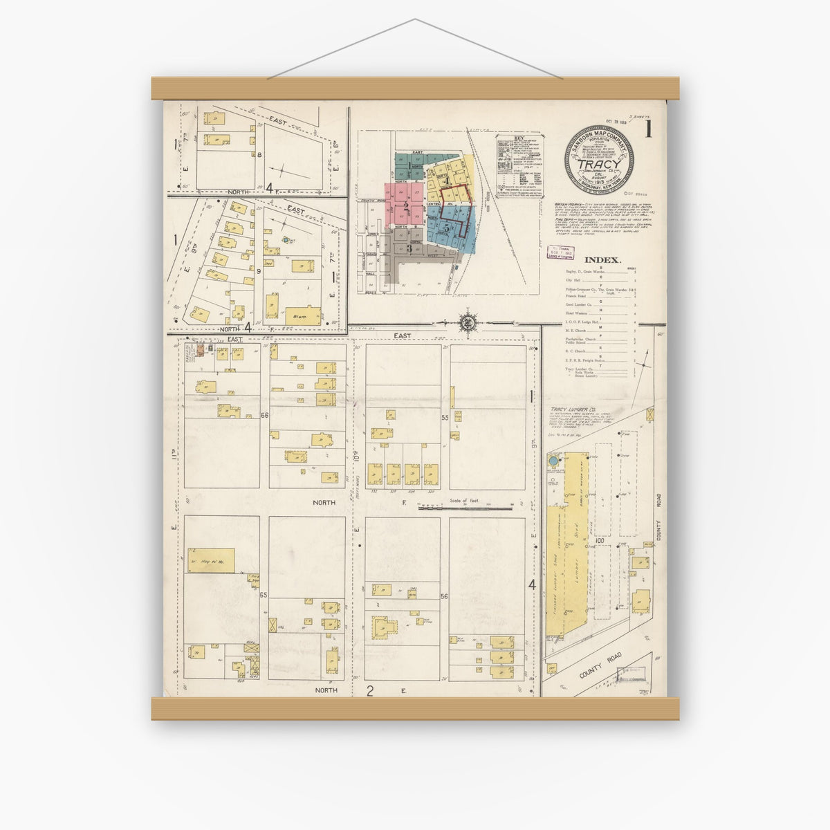Old map wall art mockup — magnetic wood frame on white wall — Sanborn Fire Insurance Map from Tracy, San Joaquin County, California (1913) - Complete Map Set