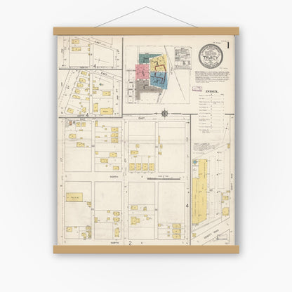 Old map wall art mockup — magnetic wood frame on white wall — Sanborn Fire Insurance Map from Tracy, San Joaquin County, California (1913) - Complete Map Set