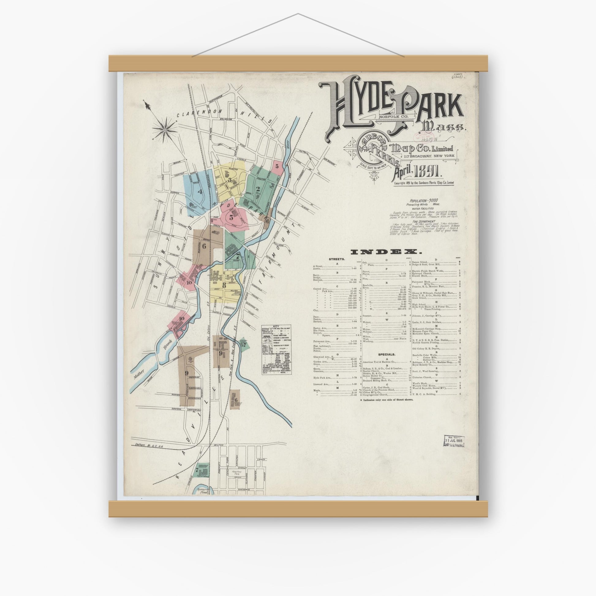 Old map wall art mockup — magnetic wood frame on white wall — Sanborn Fire Insurance Map from Hyde Park, Norfolk County, Massachusetts (1891) - Complete Map Set