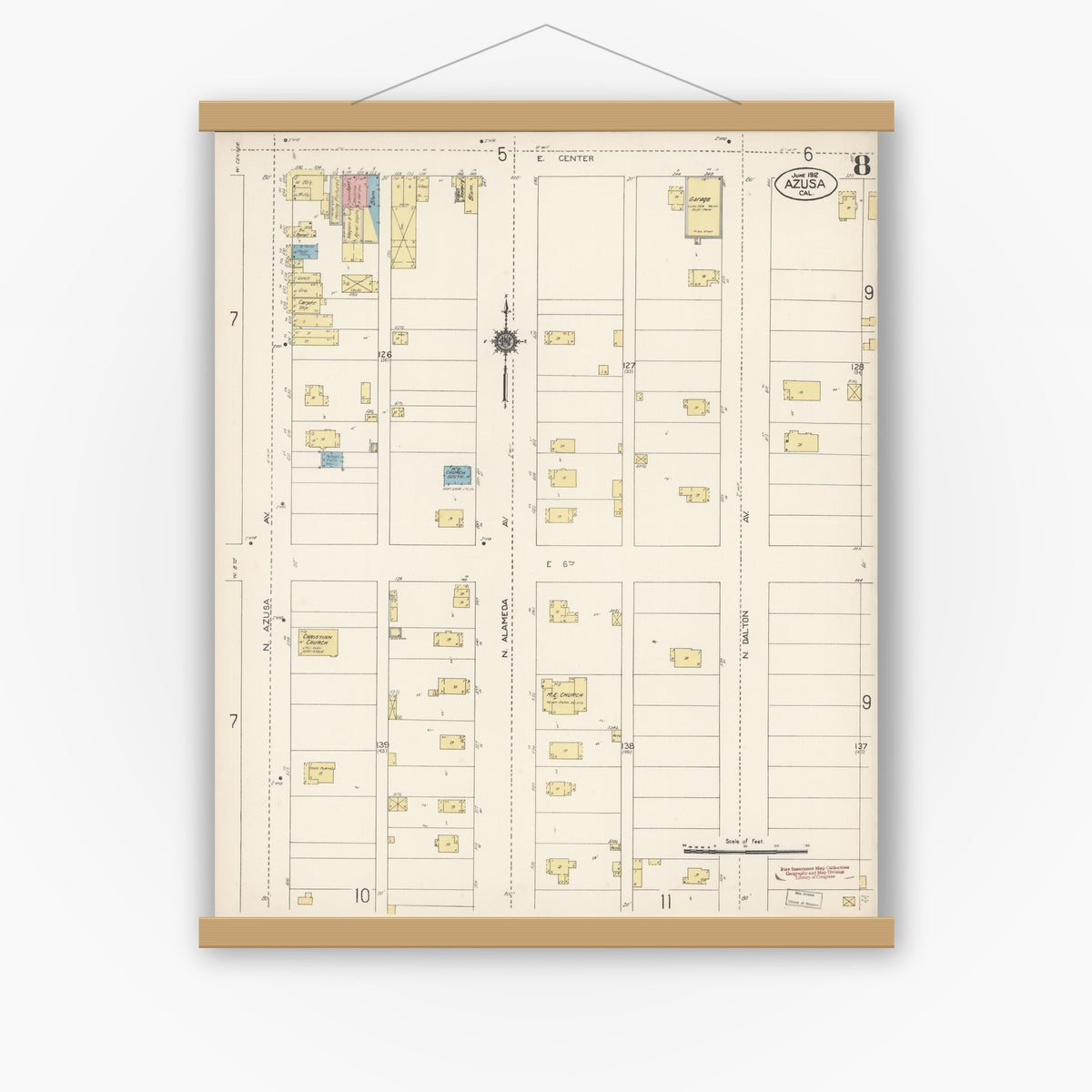 Old map wall art mockup — magnetic wood frame on white wall — Sanborn Fire Insurance Map from Azusa, Los Angeles County, California (1912), Sheet #0008