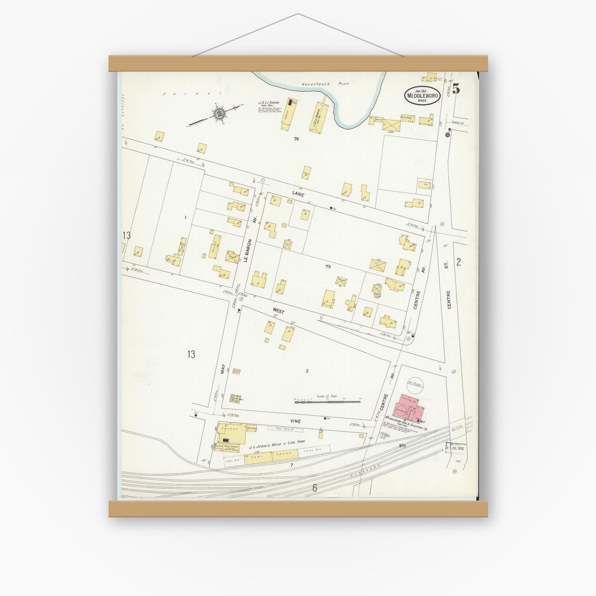 Old map wall art mockup — magnetic wood frame on white wall — Sanborn Fire Insurance Map from Middleboro, Plymouth County, Massachusetts (1912), Sheet #0005