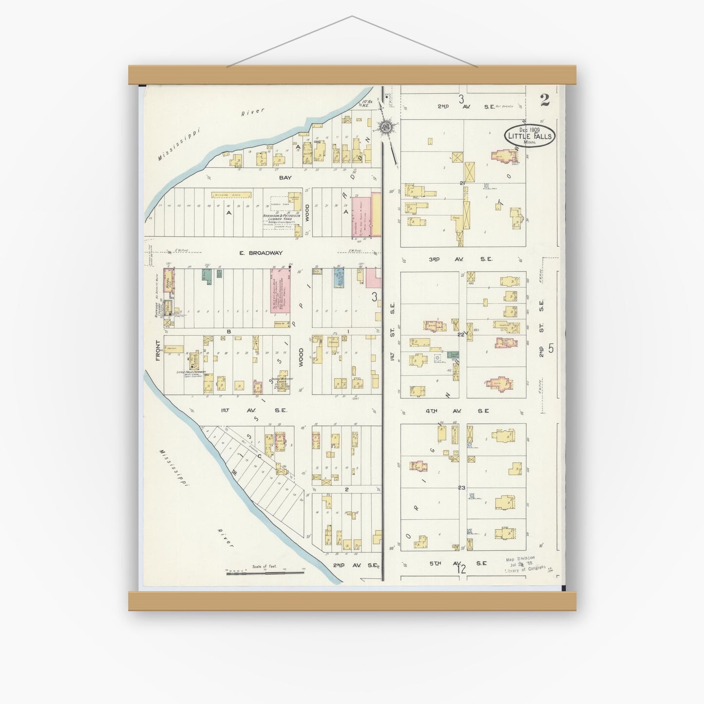 Old map wall art mockup — magnetic wood frame on white wall — Sanborn Fire Insurance Map from Little Falls, Morrison County, Minnesota (1909), Sheet #0002