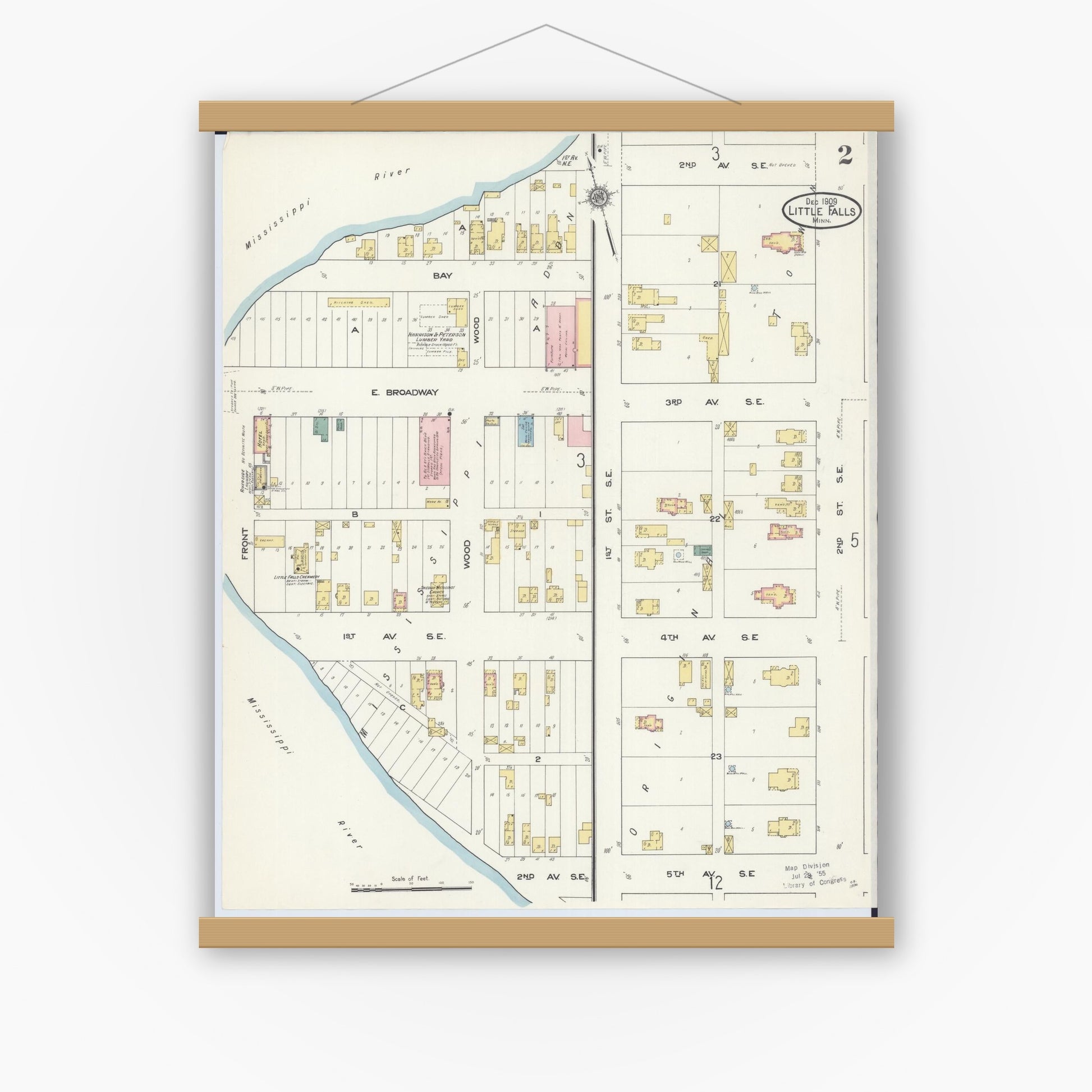 Old map wall art mockup — magnetic wood frame on white wall — Sanborn Fire Insurance Map from Little Falls, Morrison County, Minnesota (1909), Sheet #0002