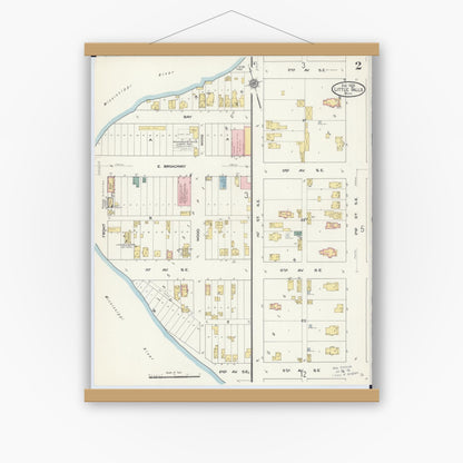 Old map wall art mockup — magnetic wood frame on white wall — Sanborn Fire Insurance Map from Little Falls, Morrison County, Minnesota (1909), Sheet #0002