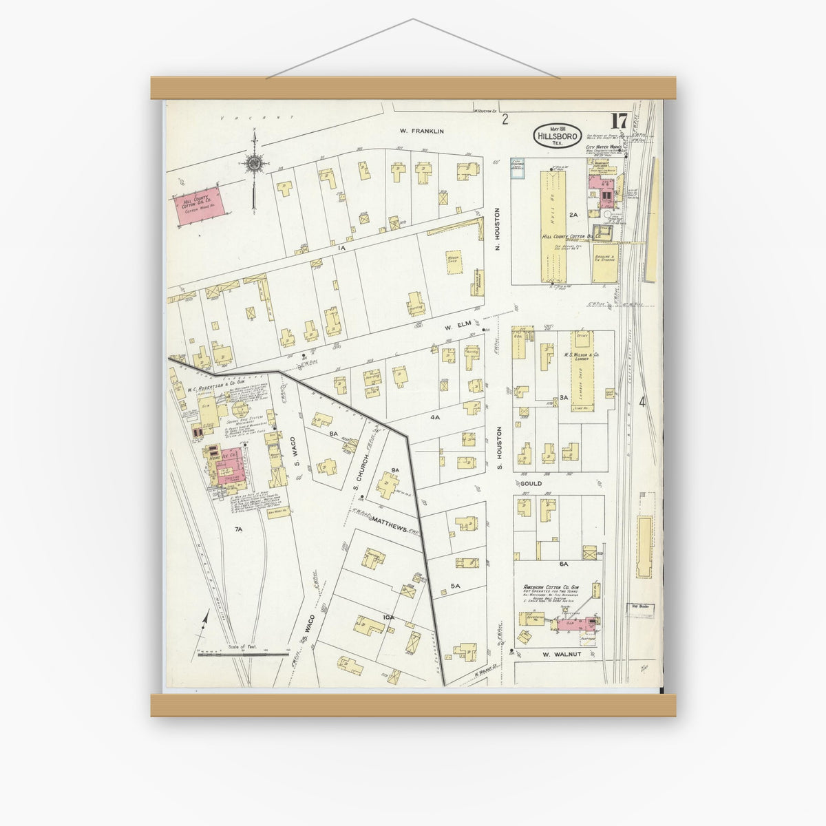 Old map wall art mockup — magnetic wood frame on white wall — Sanborn Fire Insurance Map from Hillsboro, Hill County, Texas (1911), Sheet #0017