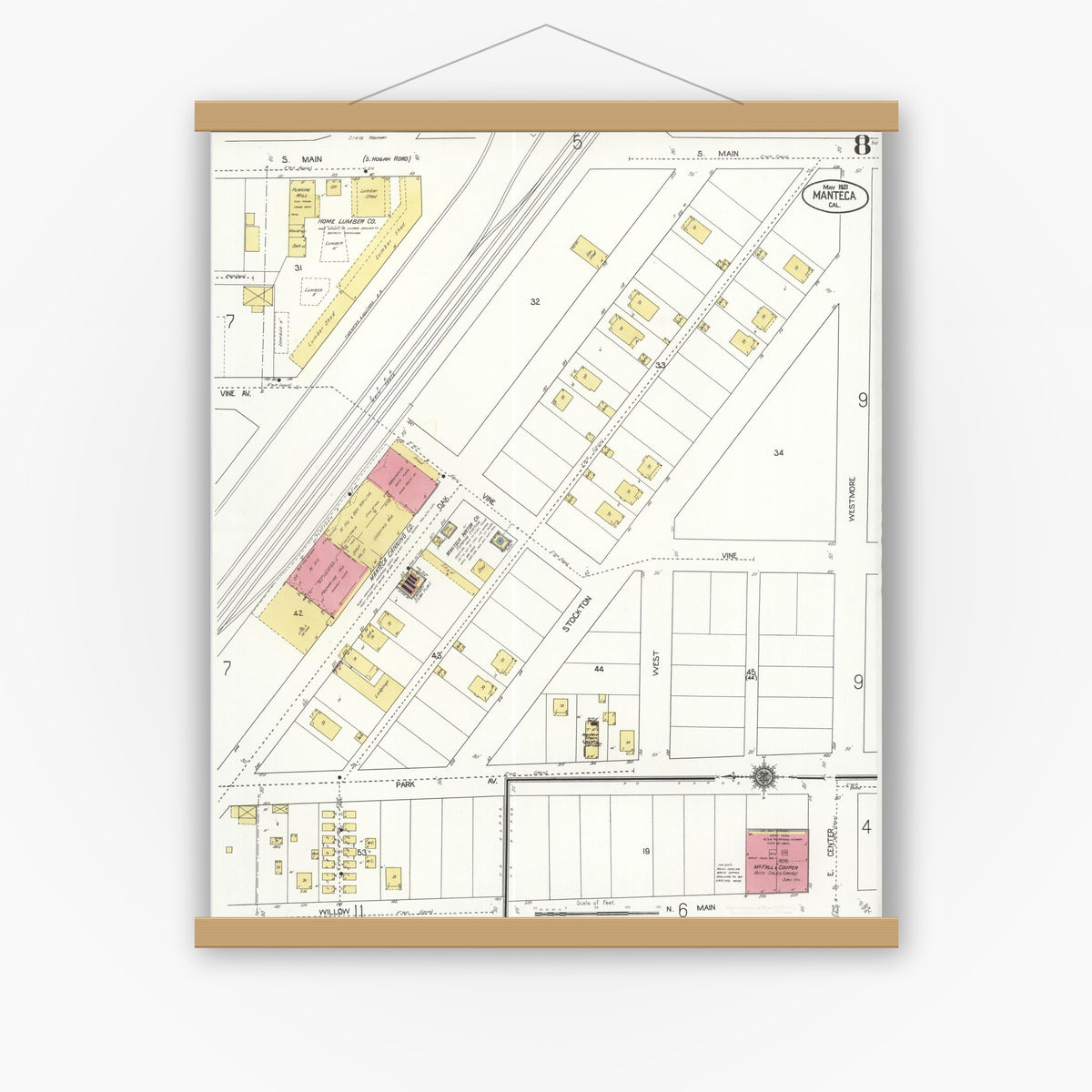 Old map wall art mockup — magnetic wood frame on white wall — Sanborn Fire Insurance Map from Manteca, San Joaquin County, California (1921), Sheet #0008