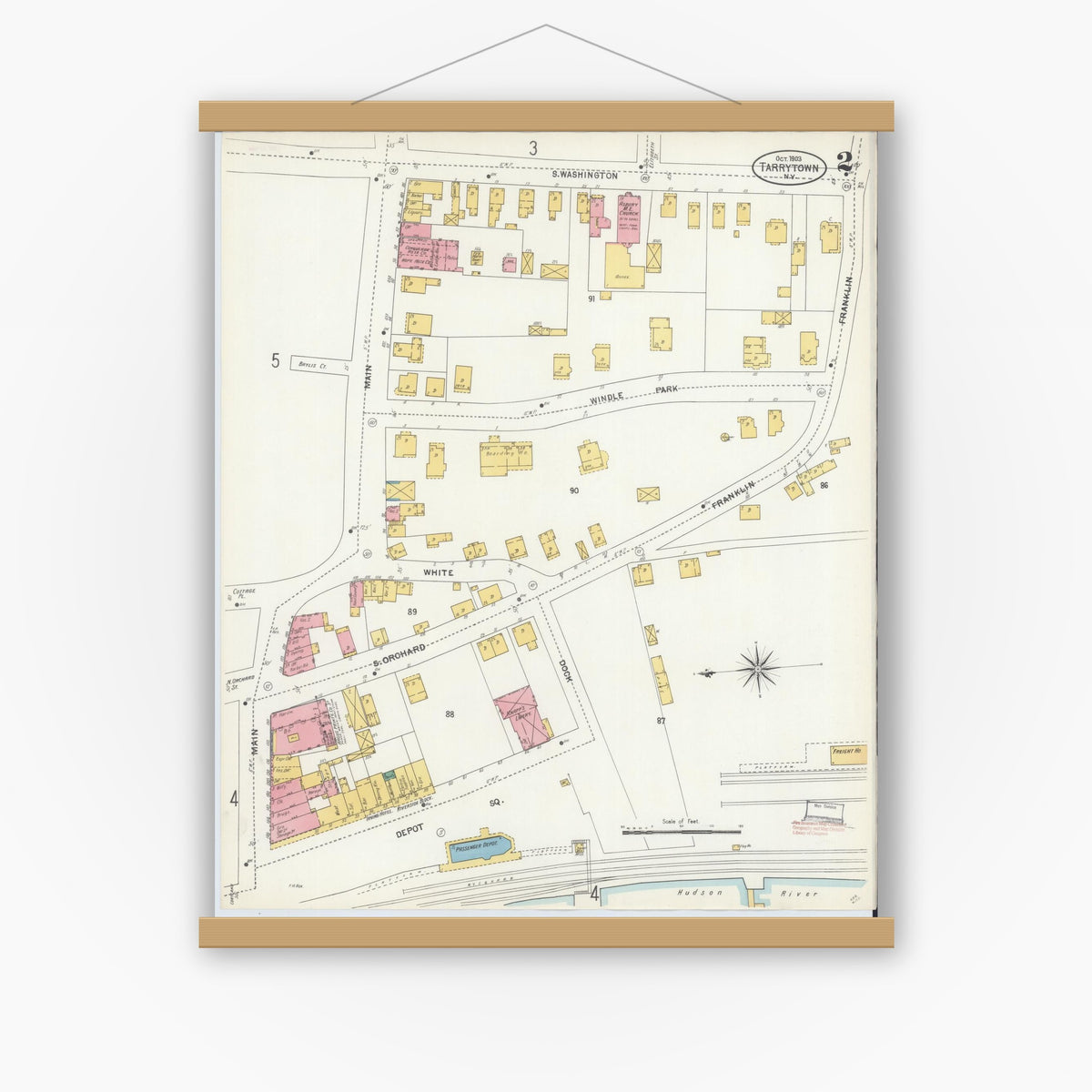 Old map wall art mockup — magnetic wood frame on white wall — Sanborn Fire Insurance Map from Tarrytown, Westchester County, New York (1903), Sheet #0002