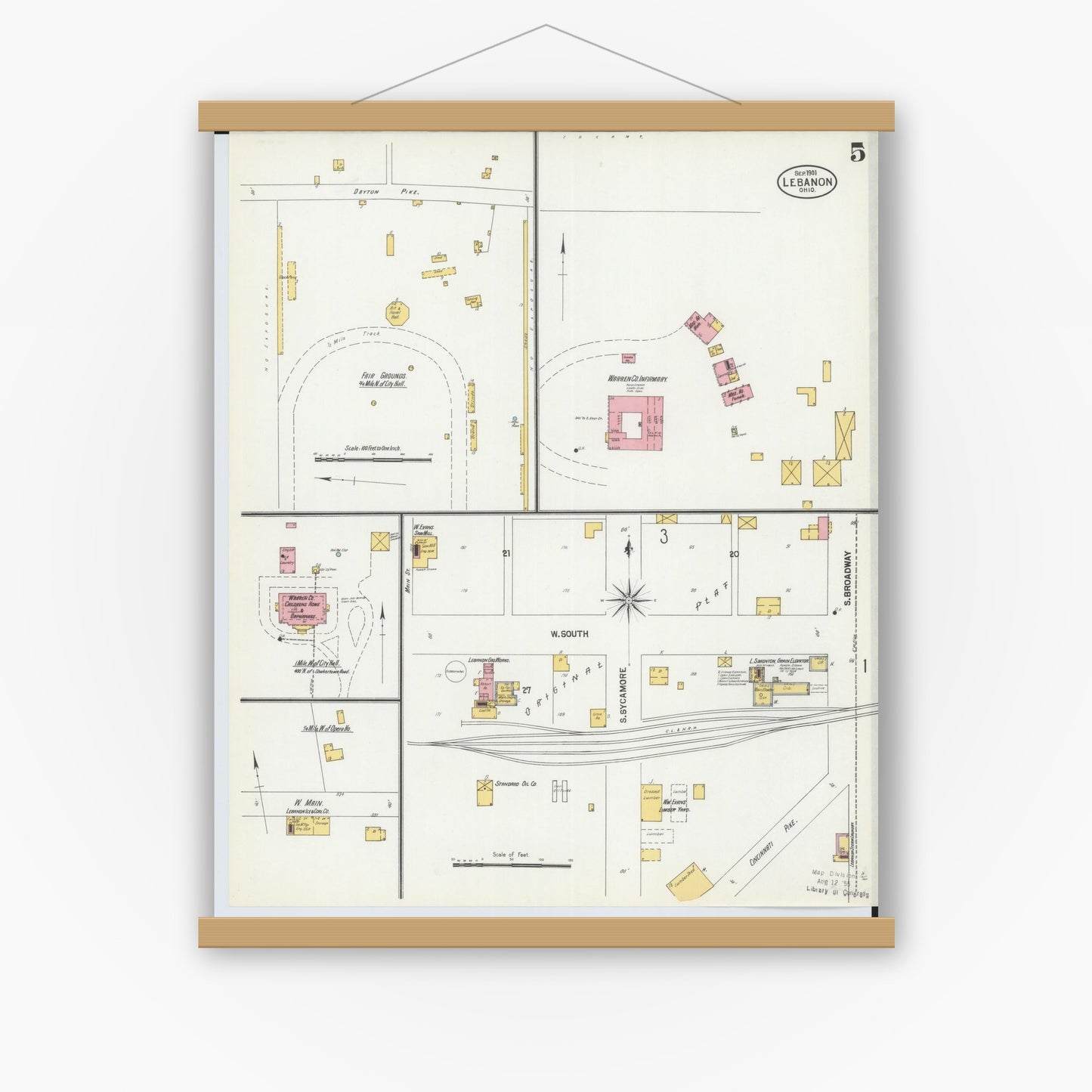 Old map wall art mockup — magnetic wood frame on white wall — Sanborn Fire Insurance Map from Lebanon, Warren County, Ohio (1901), Sheet #0005