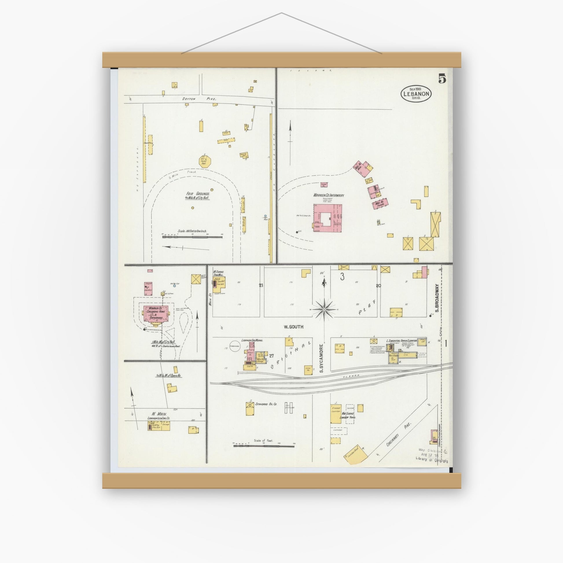 Old map wall art mockup — magnetic wood frame on white wall — Sanborn Fire Insurance Map from Lebanon, Warren County, Ohio (1901), Sheet #0005
