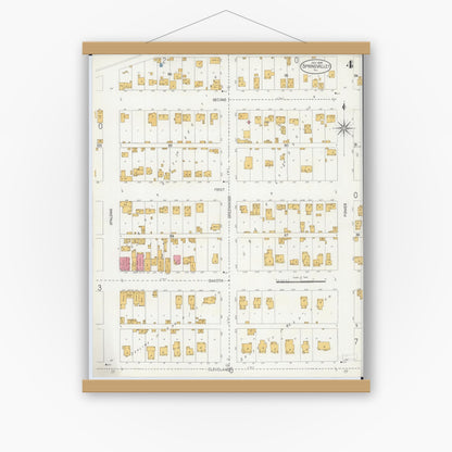 Old map wall art mockup — magnetic wood frame on white wall — Sanborn Fire Insurance Map from Spring Valley, Bureau County, Illinois (1906), Sheet #0004