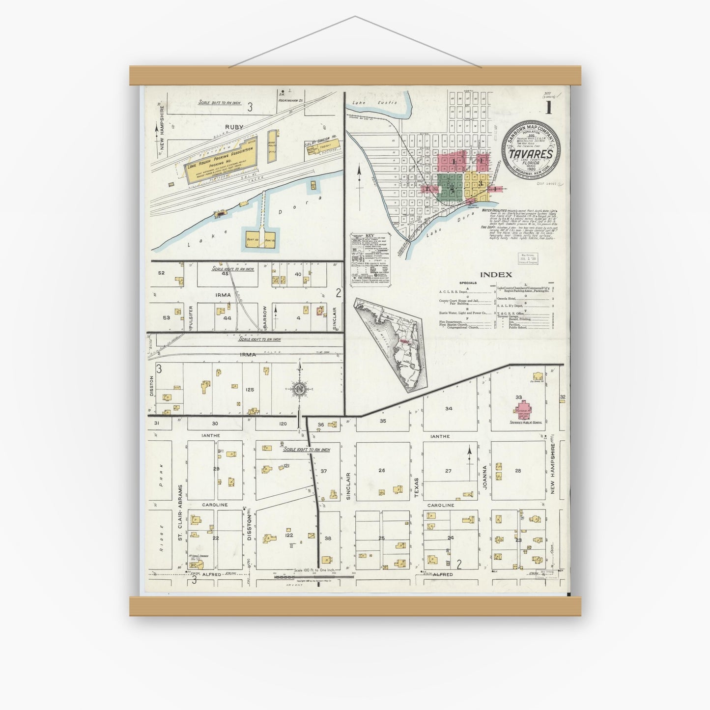 Old map wall art mockup — magnetic wood frame on white wall — Sanborn Fire Insurance Map from Tavares, Lake County, Florida (1920) - Complete Map Set