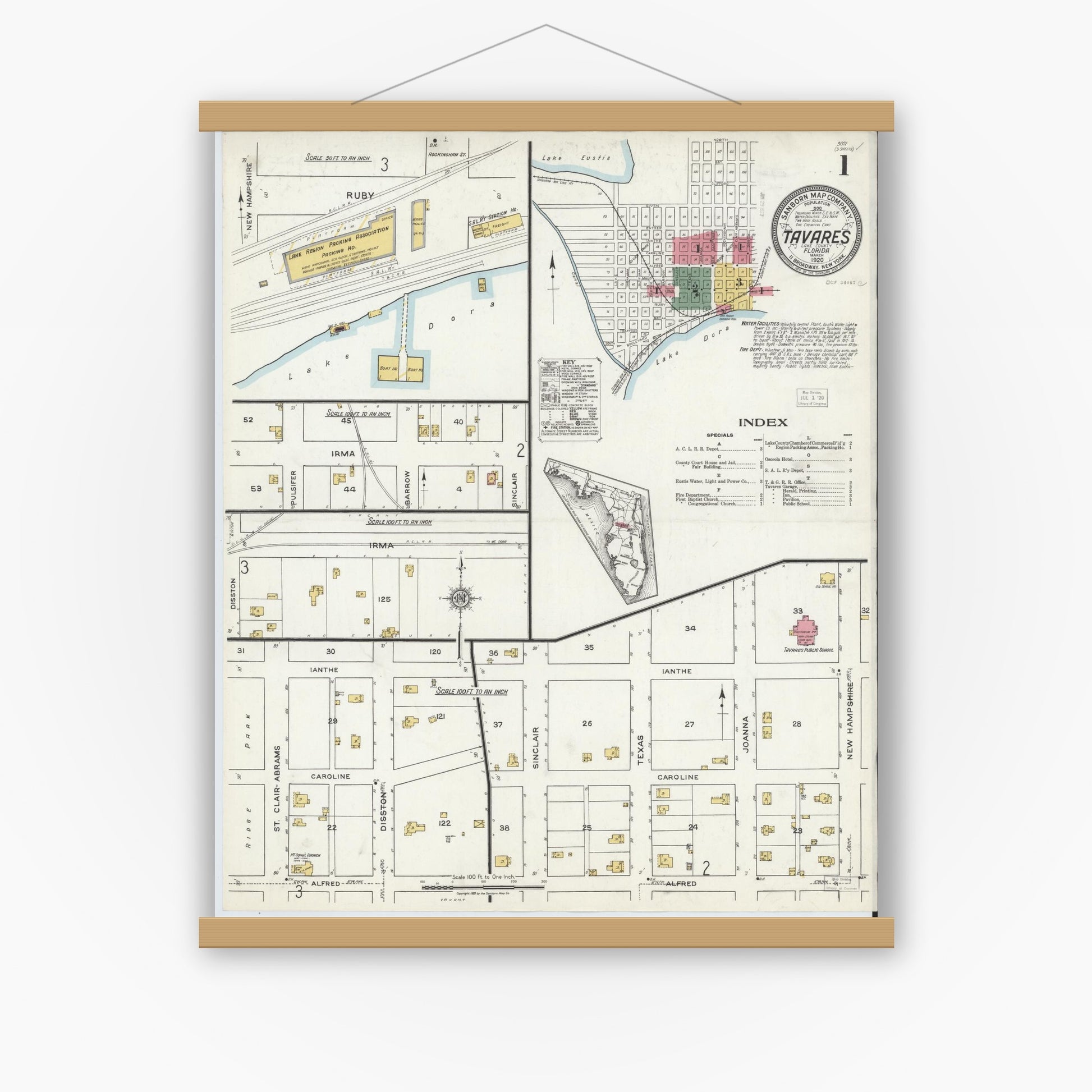 Old map wall art mockup — magnetic wood frame on white wall — Sanborn Fire Insurance Map from Tavares, Lake County, Florida (1920) - Complete Map Set