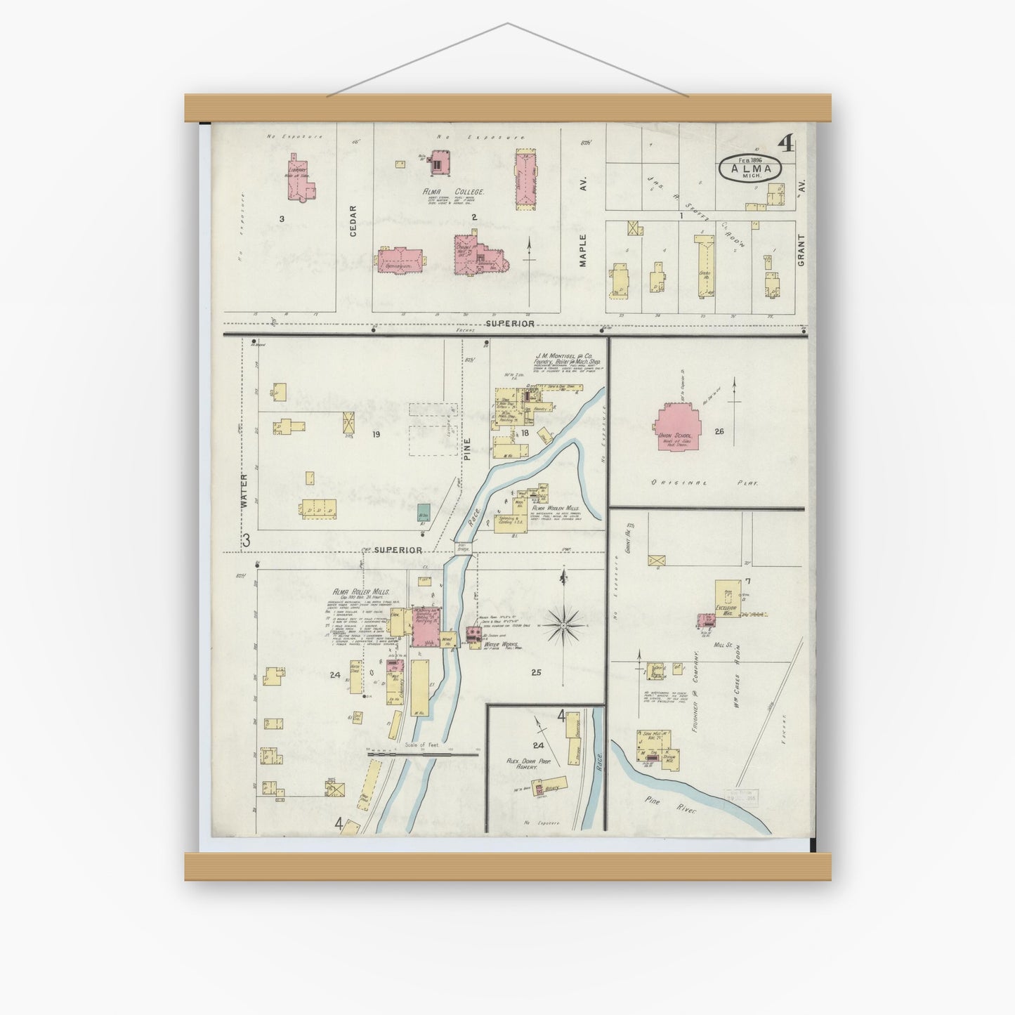 Old map wall art mockup — magnetic wood frame on white wall — Sanborn Fire Insurance Map from Alma, Gratiot County, Michigan (1896), Sheet #0004