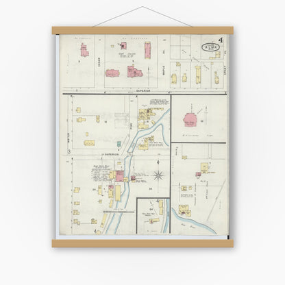 Old map wall art mockup — magnetic wood frame on white wall — Sanborn Fire Insurance Map from Alma, Gratiot County, Michigan (1896), Sheet #0004