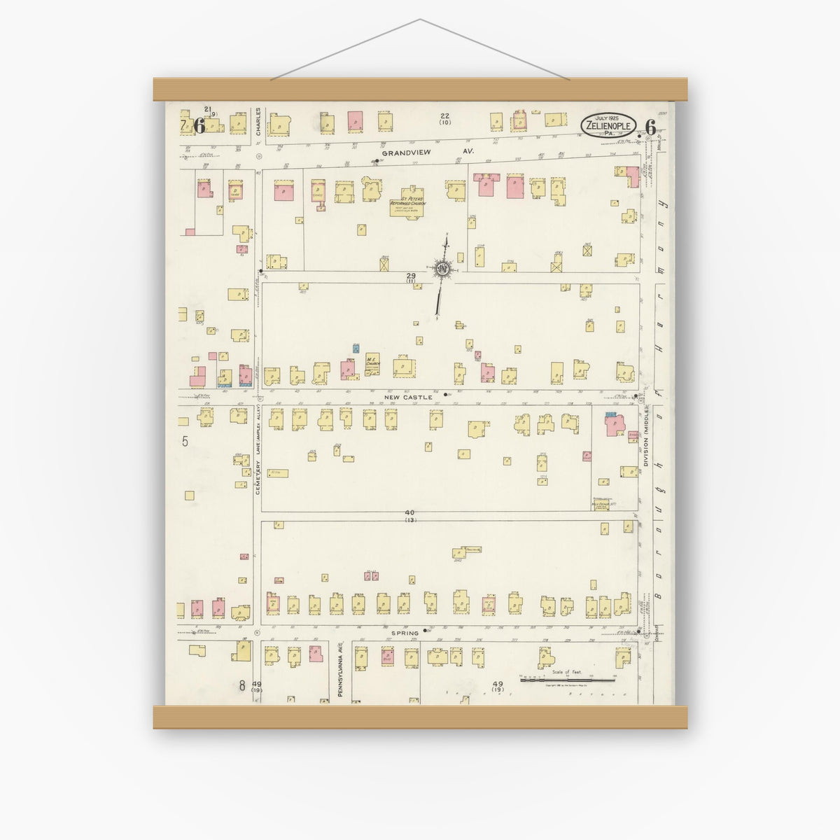 Old map wall art mockup — magnetic wood frame on white wall — Sanborn Fire Insurance Map from Zelienople, Butler County, Pennsylvania (1925), Sheet #0006