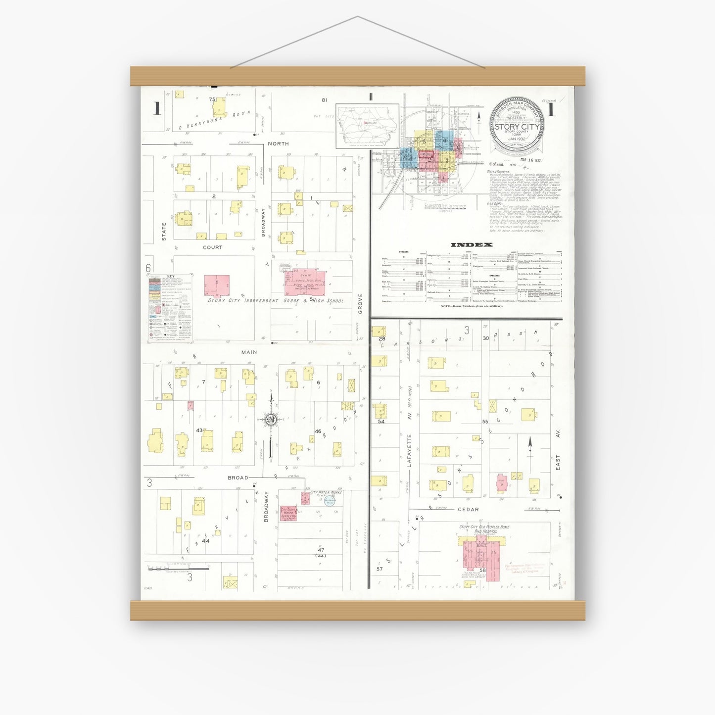Old map wall art mockup — magnetic wood frame on white wall — Sanborn Fire Insurance Map from Story City, Story County, Iowa (1932), Sheet #0001