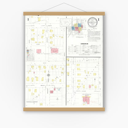 Old map wall art mockup — magnetic wood frame on white wall — Sanborn Fire Insurance Map from Story City, Story County, Iowa (1932), Sheet #0001