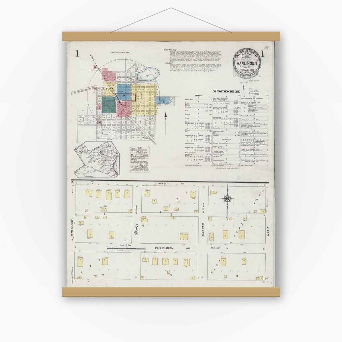 Old map wall art mockup — magnetic wood frame on white wall — Sanborn Fire Insurance Map from Harlingen, Cameron County, Texas (1925) - Complete Map Set