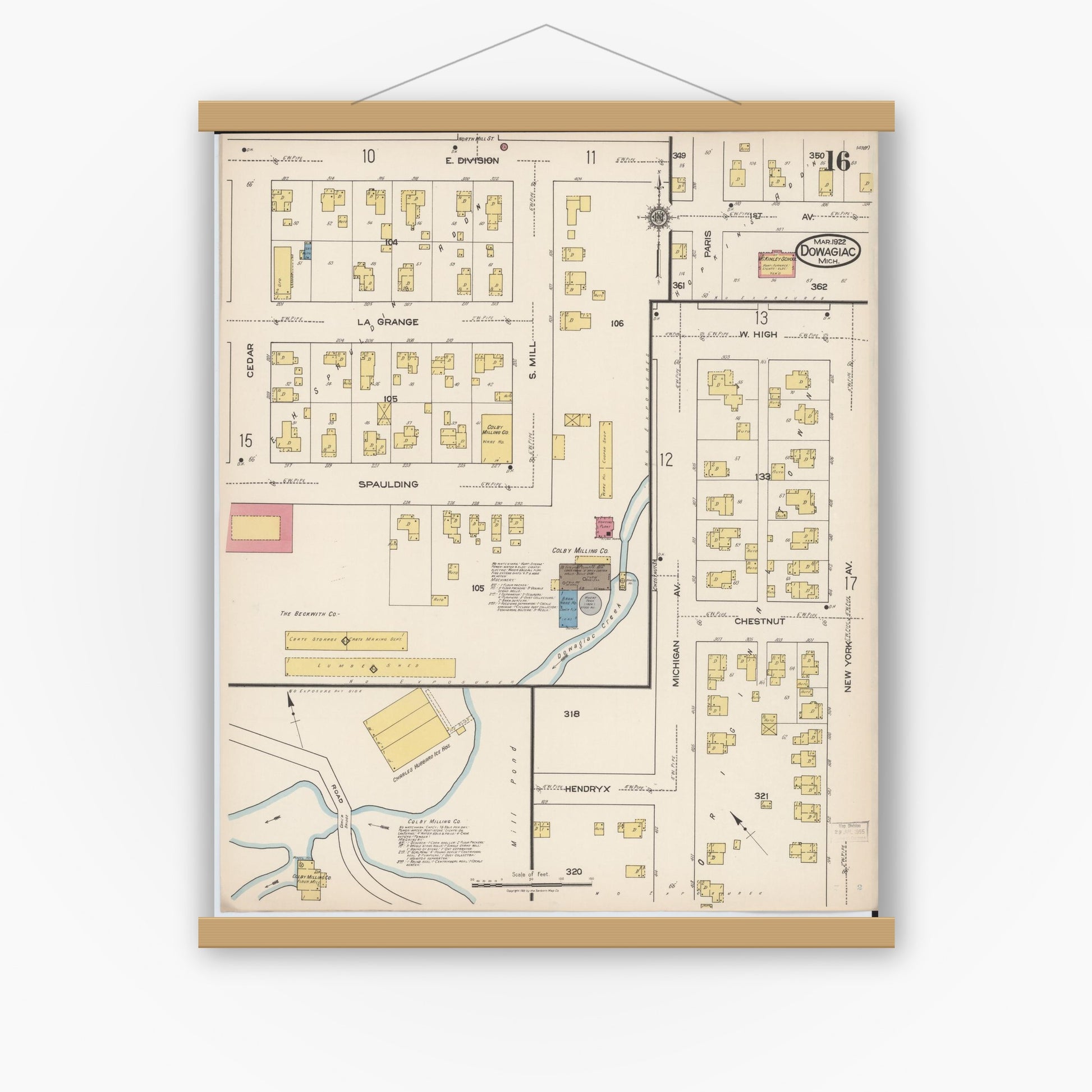 Old map wall art mockup — magnetic wood frame on white wall — Sanborn Fire Insurance Map from Dowagiac, Cass County, Michigan (1922), Sheet #0016