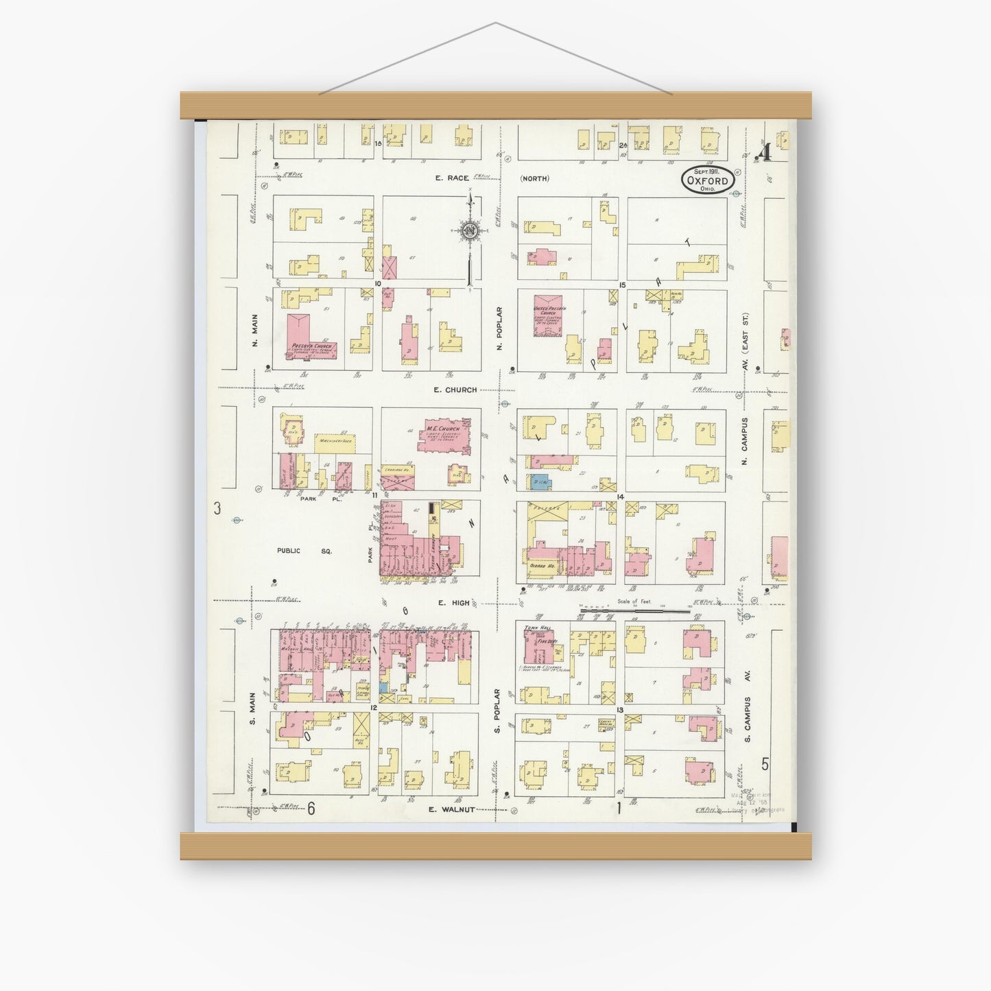 Old map wall art mockup — magnetic wood frame on white wall — Sanborn Fire Insurance Map from Oxford, Butler County, Ohio (1911), Sheet #0004