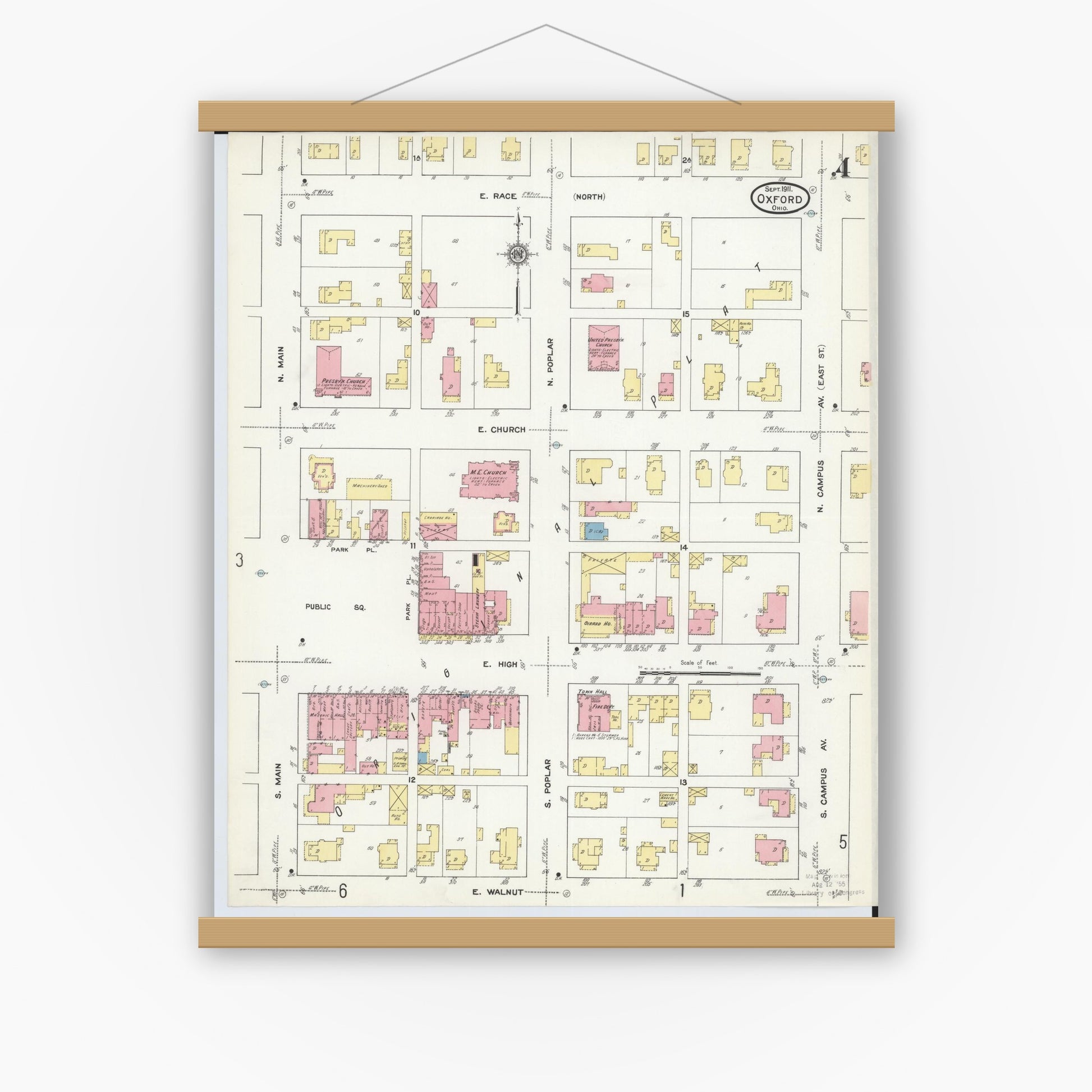 Old map wall art mockup — magnetic wood frame on white wall — Sanborn Fire Insurance Map from Oxford, Butler County, Ohio (1911), Sheet #0004