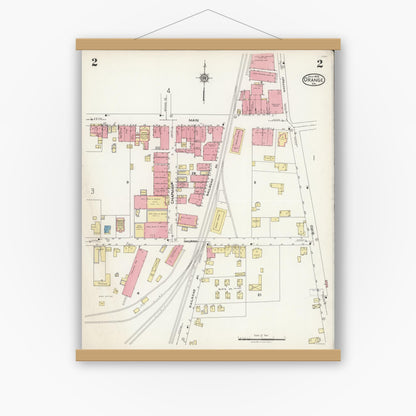 Old map wall art mockup — magnetic wood frame on white wall — Sanborn Fire Insurance Map from Orange, Orange County, Virginia (1925), Sheet #0002