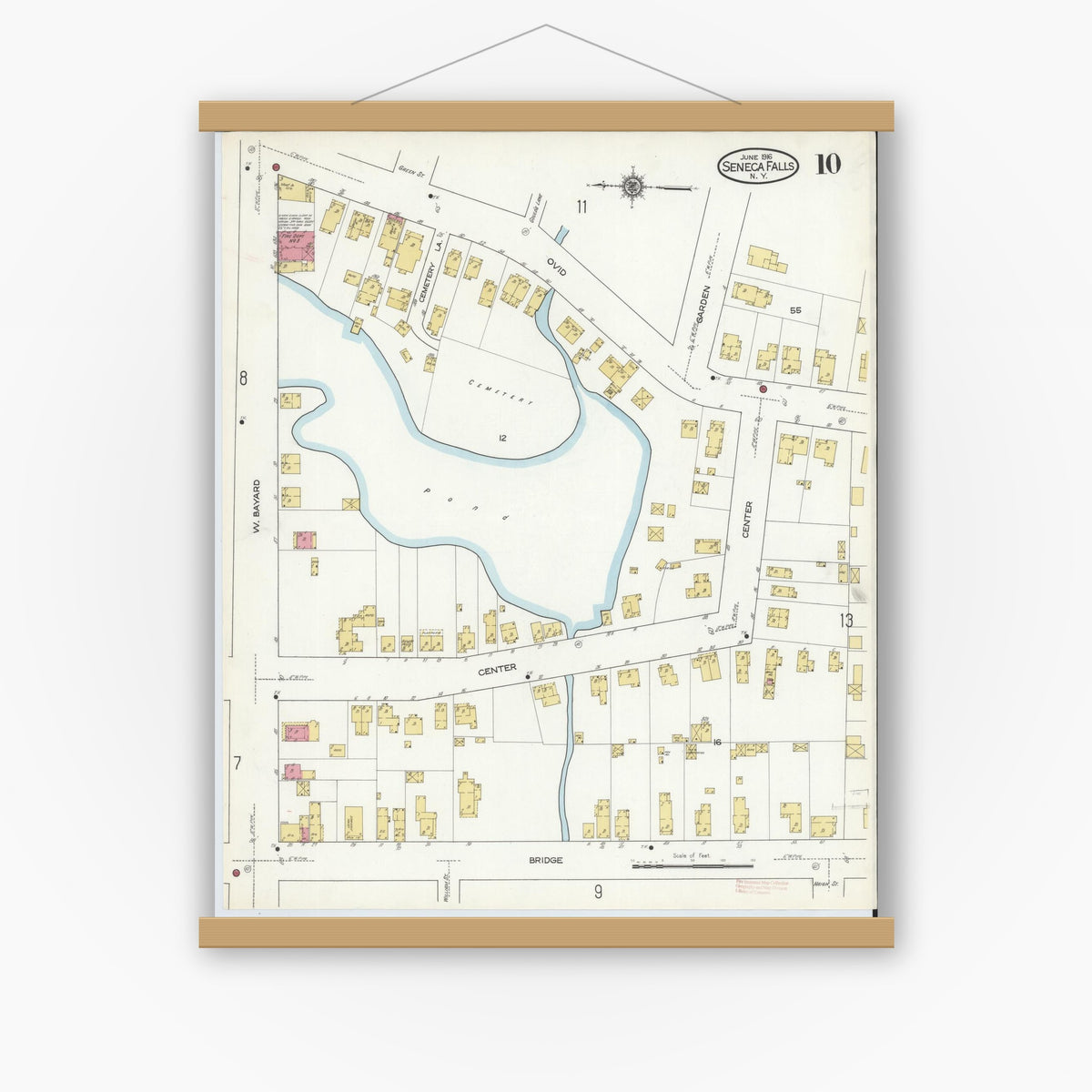 Old map wall art mockup — magnetic wood frame on white wall — Sanborn Fire Insurance Map from Seneca Falls, Seneca County, New York (1916), Sheet #0010
