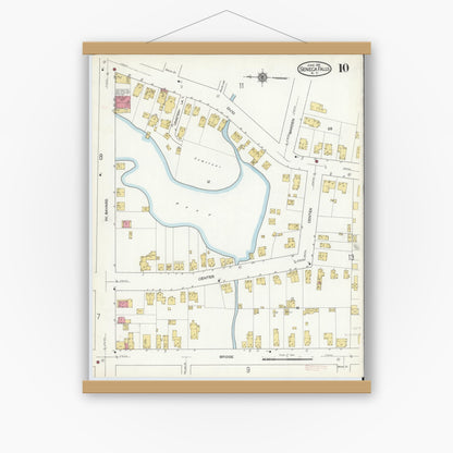 Old map wall art mockup — magnetic wood frame on white wall — Sanborn Fire Insurance Map from Seneca Falls, Seneca County, New York (1916), Sheet #0010