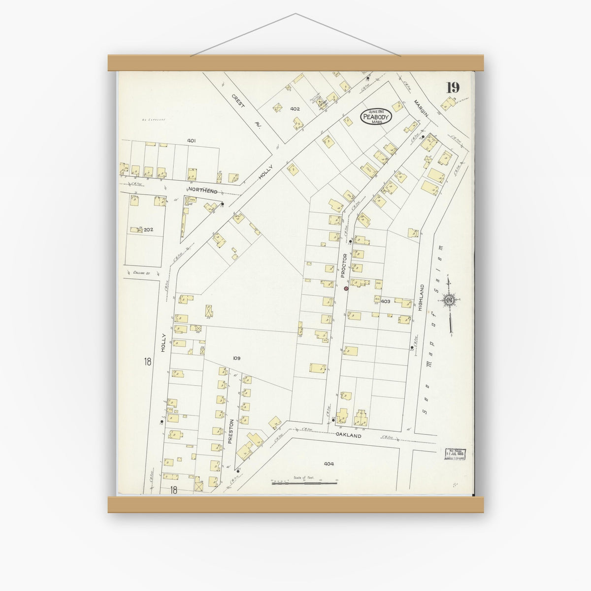 Old map wall art mockup — magnetic wood frame on white wall — Sanborn Fire Insurance Map from Peabody, Essex County, Massachusetts (1914), Sheet #0019