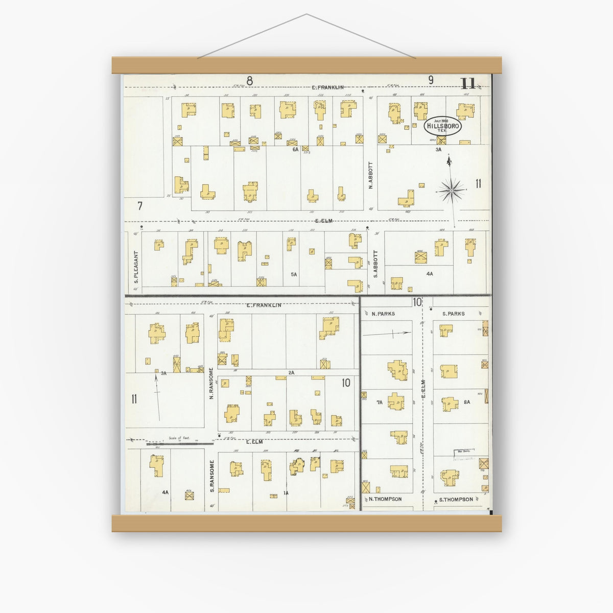 Old map wall art mockup — magnetic wood frame on white wall — Sanborn Fire Insurance Map from Hillsboro, Hill County, Texas (1900), Sheet #0011