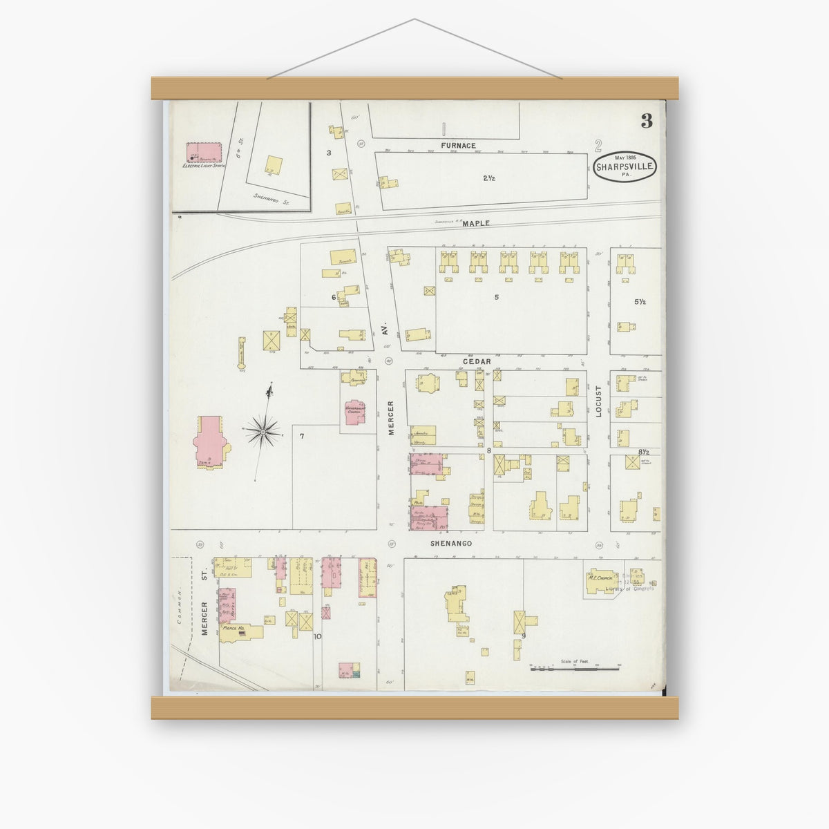 Old map wall art mockup — magnetic wood frame on white wall — Sanborn Fire Insurance Map from Sharpsville, Mercer County, Pennsylvania (1895), Sheet #0003