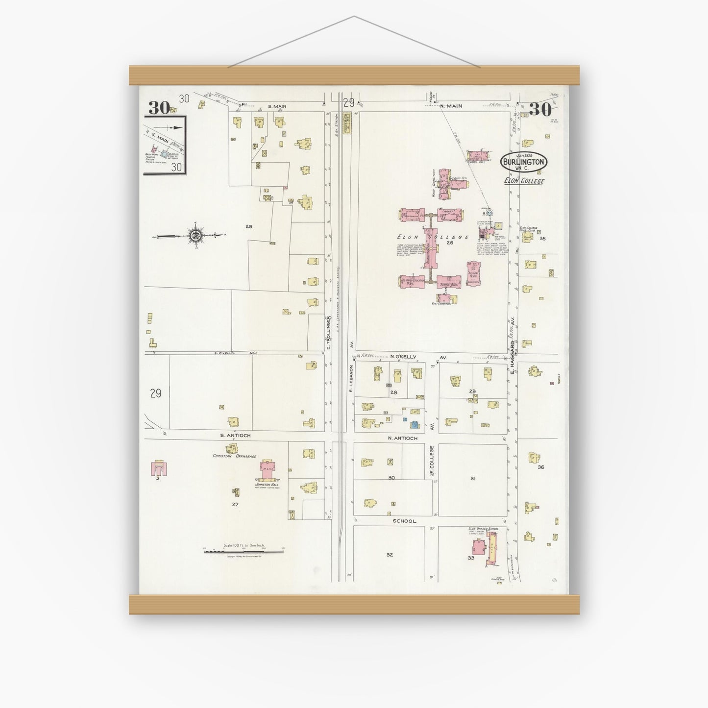 Old map wall art mockup — magnetic wood frame on white wall — Sanborn Fire Insurance Map from Burlington, Alamance County, North Carolina (1929), Sheet #0030