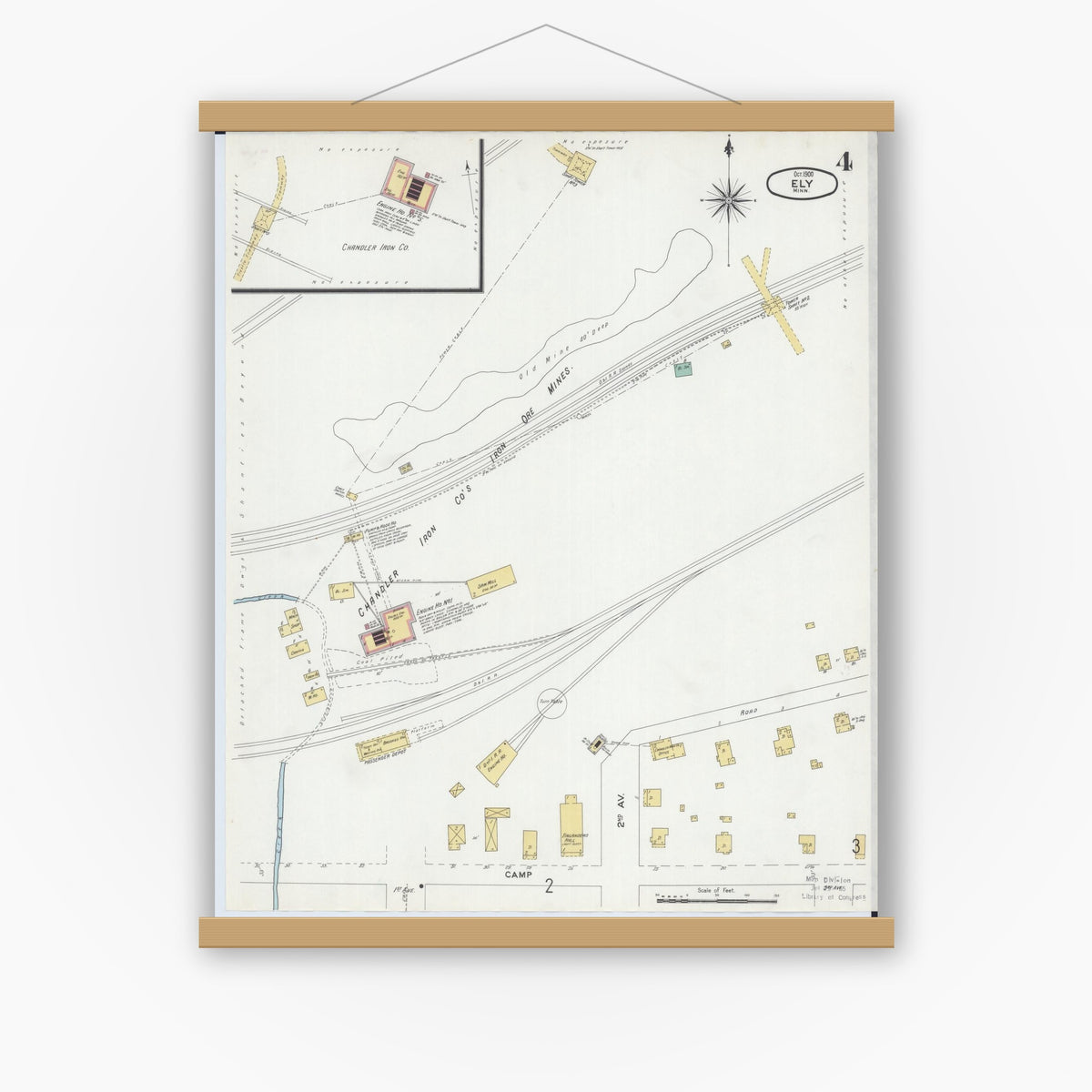 Old map wall art mockup — magnetic wood frame on white wall — Sanborn Fire Insurance Map from Ely, Saint Louis County, Minnesota (1900), Sheet #0004