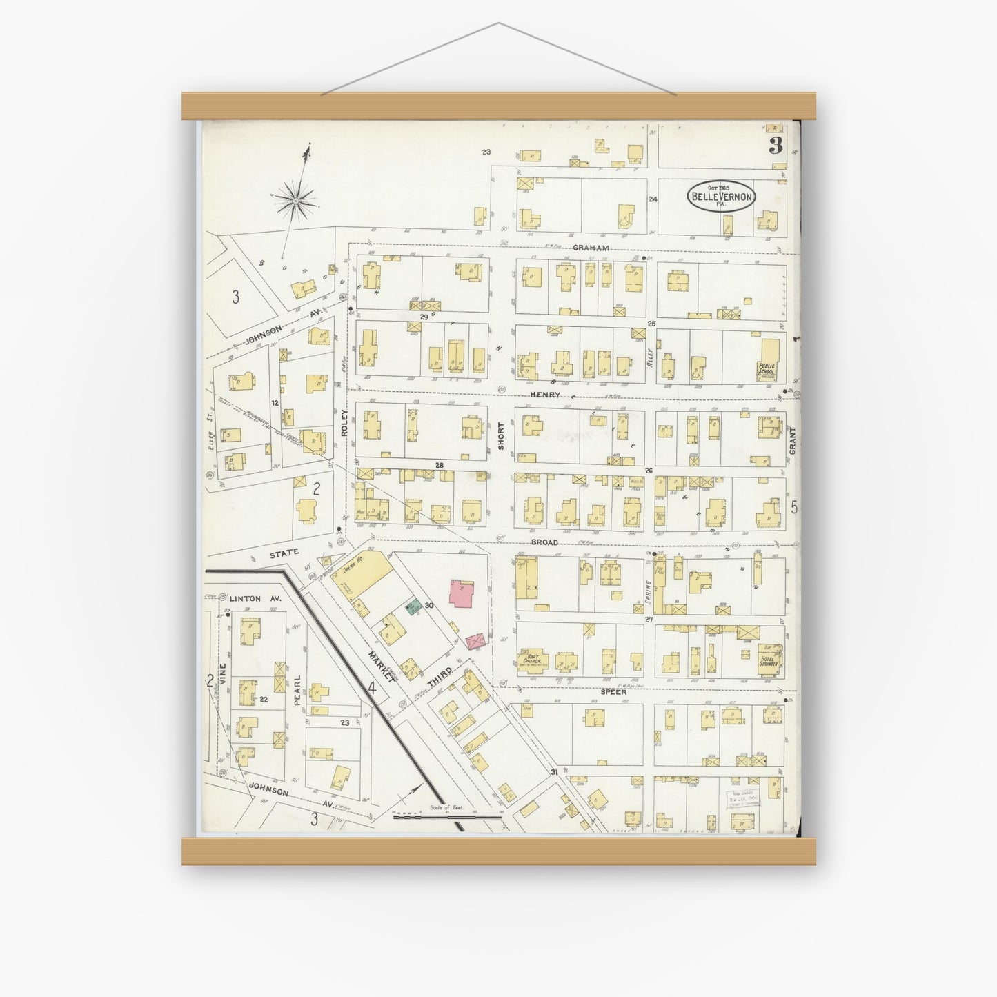Old map wall art mockup — magnetic wood frame on white wall — Sanborn Fire Insurance Map from Belle Vernon, Fayette County, Pennsylvania (1905), Sheet #0003