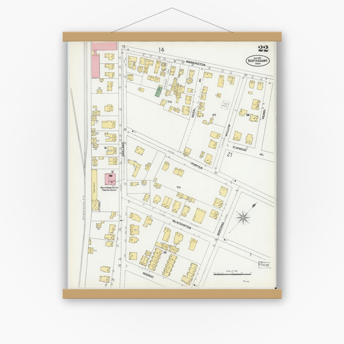 Old map wall art mockup — magnetic wood frame on white wall — Sanborn Fire Insurance Map from North Adams, Berkshire County, Massachusetts (1901), Sheet #0022