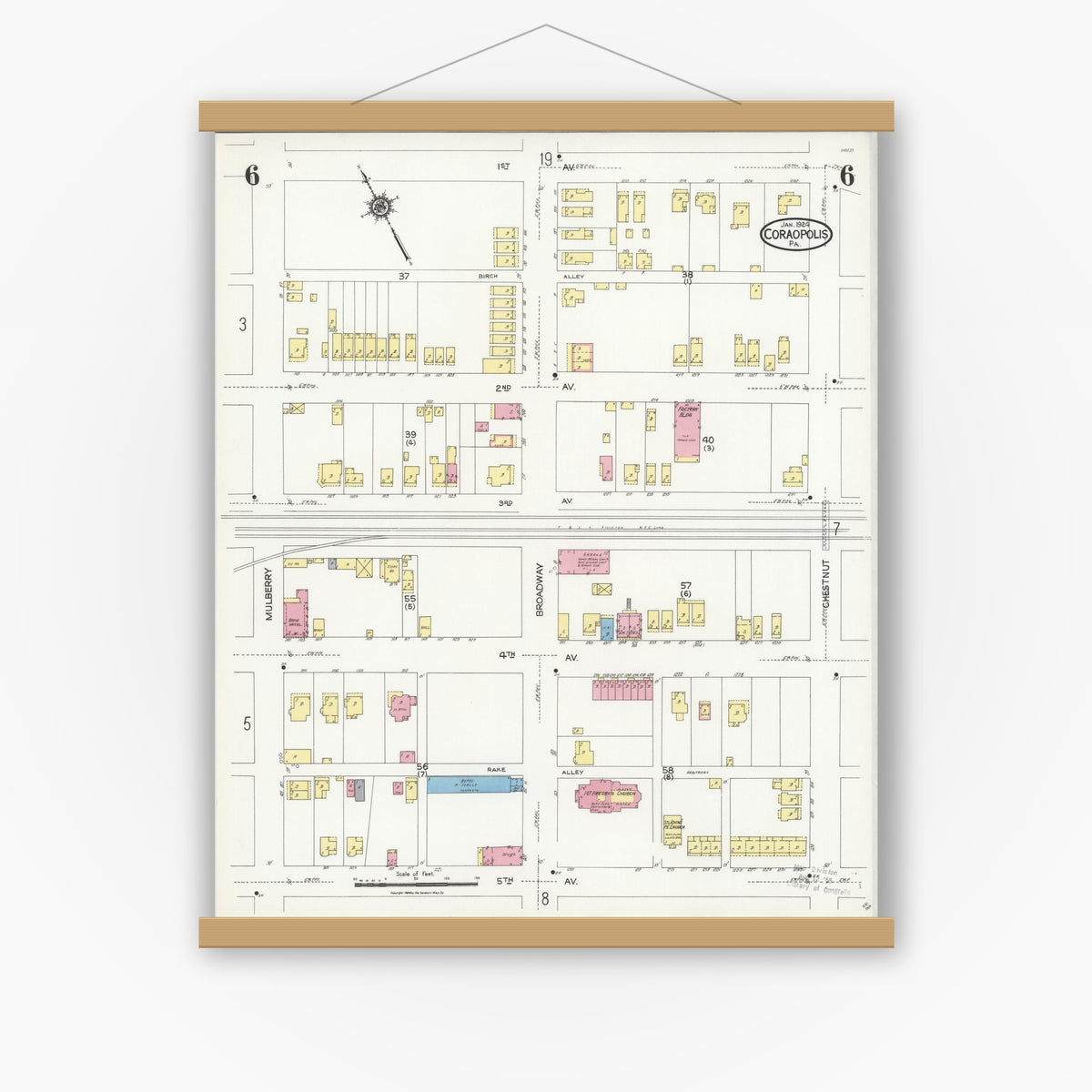 Old map wall art mockup — magnetic wood frame on white wall — Sanborn Fire Insurance Map from Coraopolis, Allegheny County, Pennsylvania (1924), Sheet #0006