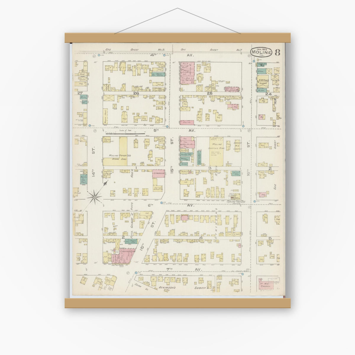 Old map wall art mockup — magnetic wood frame on white wall — Sanborn Fire Insurance Map from Moline, Rock Island County, Illinois (1886), Sheet #0008