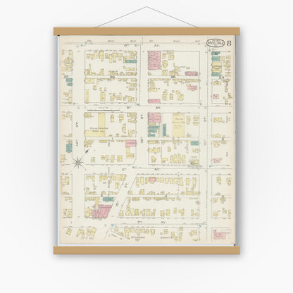 Old map wall art mockup — magnetic wood frame on white wall — Sanborn Fire Insurance Map from Moline, Rock Island County, Illinois (1886), Sheet #0008