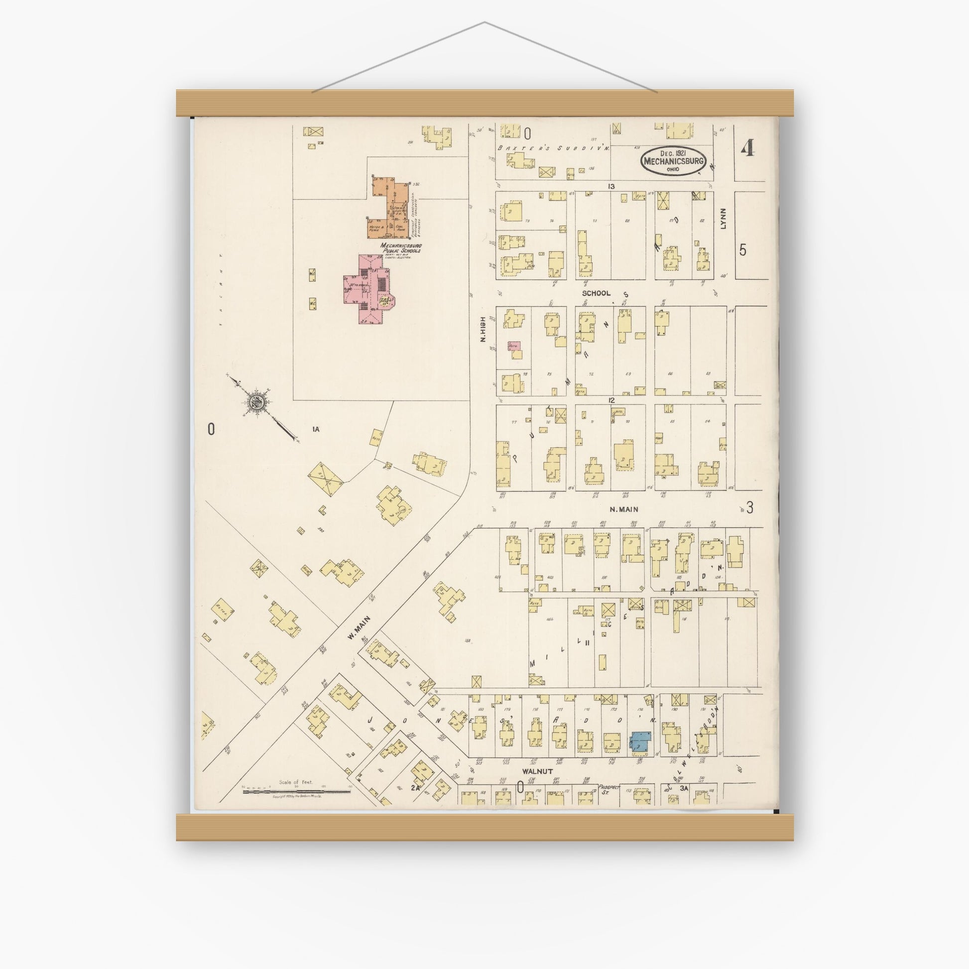 Old map wall art mockup — magnetic wood frame on white wall — Sanborn Fire Insurance Map from Mechanicsburg, Champaign County, Ohio (1921), Sheet #0004