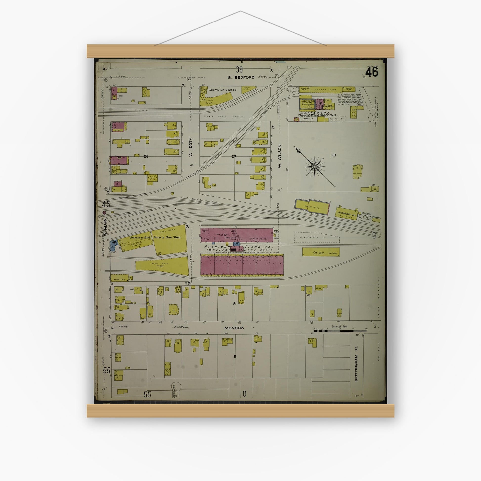 Old map wall art mockup — magnetic wood frame on white wall — Sanborn Fire Insurance Map from Madison, Dane County, Wisconsin (1908), Sheet #0046